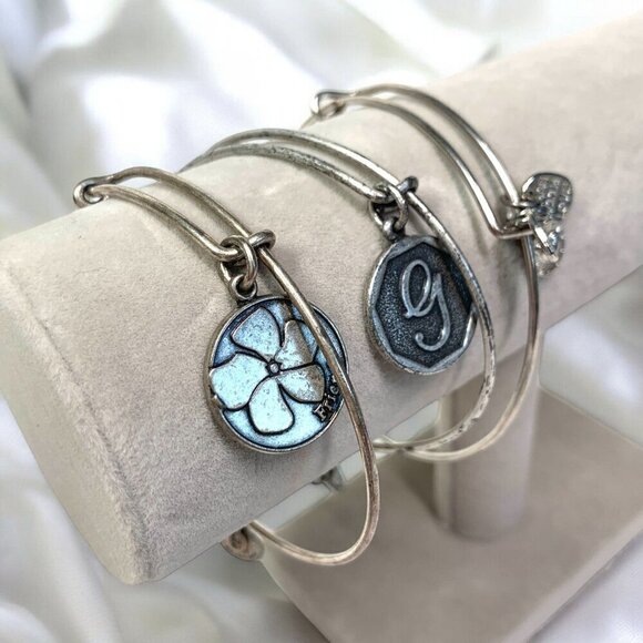 Alex and Ani Silver Charm Bangle Bundle Trio Friend Initial G Heart Adjustable - Picture 2 of 4